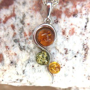 Genuine Baltic Amber Multicolor Pendant .925 Sterling Silver Round Swirly